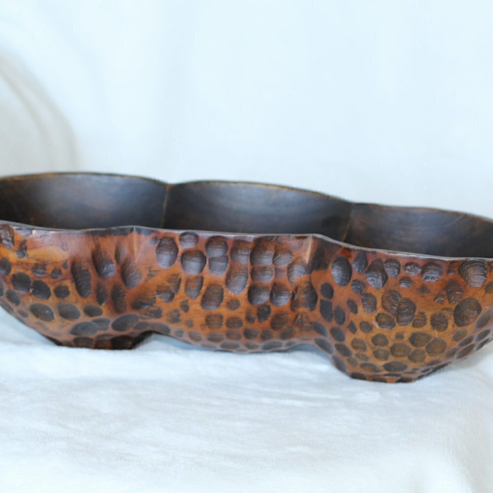 Vintage peanut shape fine wooden bowl carved animal print texture divided dish